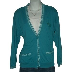 Vintage 80's Gina Peters Turquoise Varsity Cardigan Embroidered Flower Cardi M